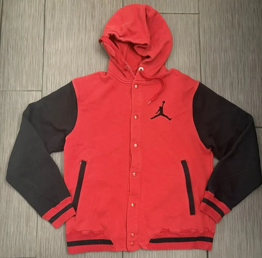 Nike Air Jordan Varsity Hoodie Men's Size Large Full Button Snap Red/Black